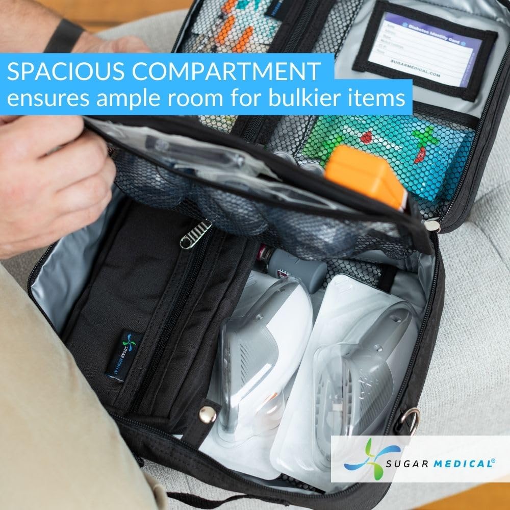 Sugar Medical interior with pockets keeps glucose meters organized.