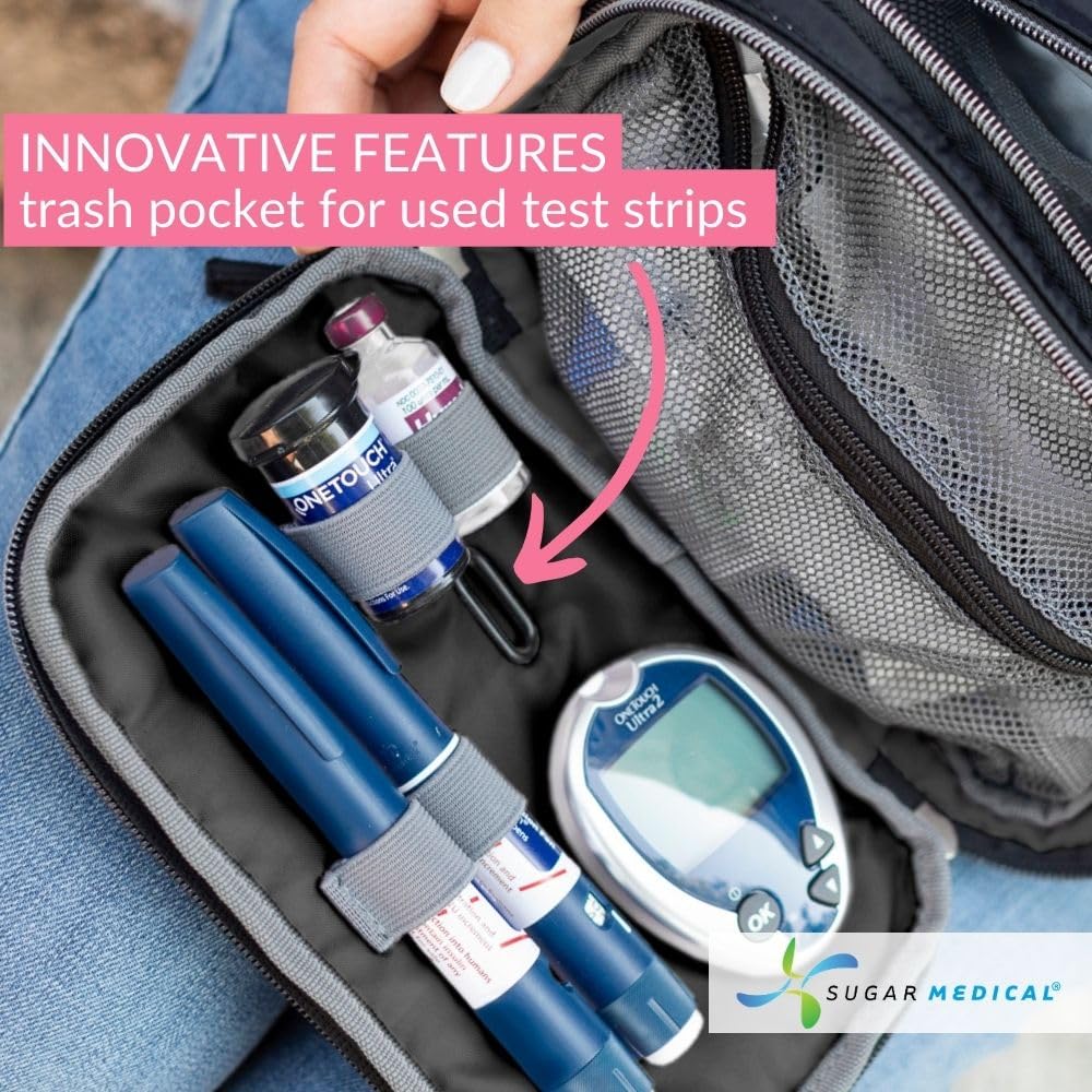 Integrated used test strip pocket on Sugar Medical diabetes bag