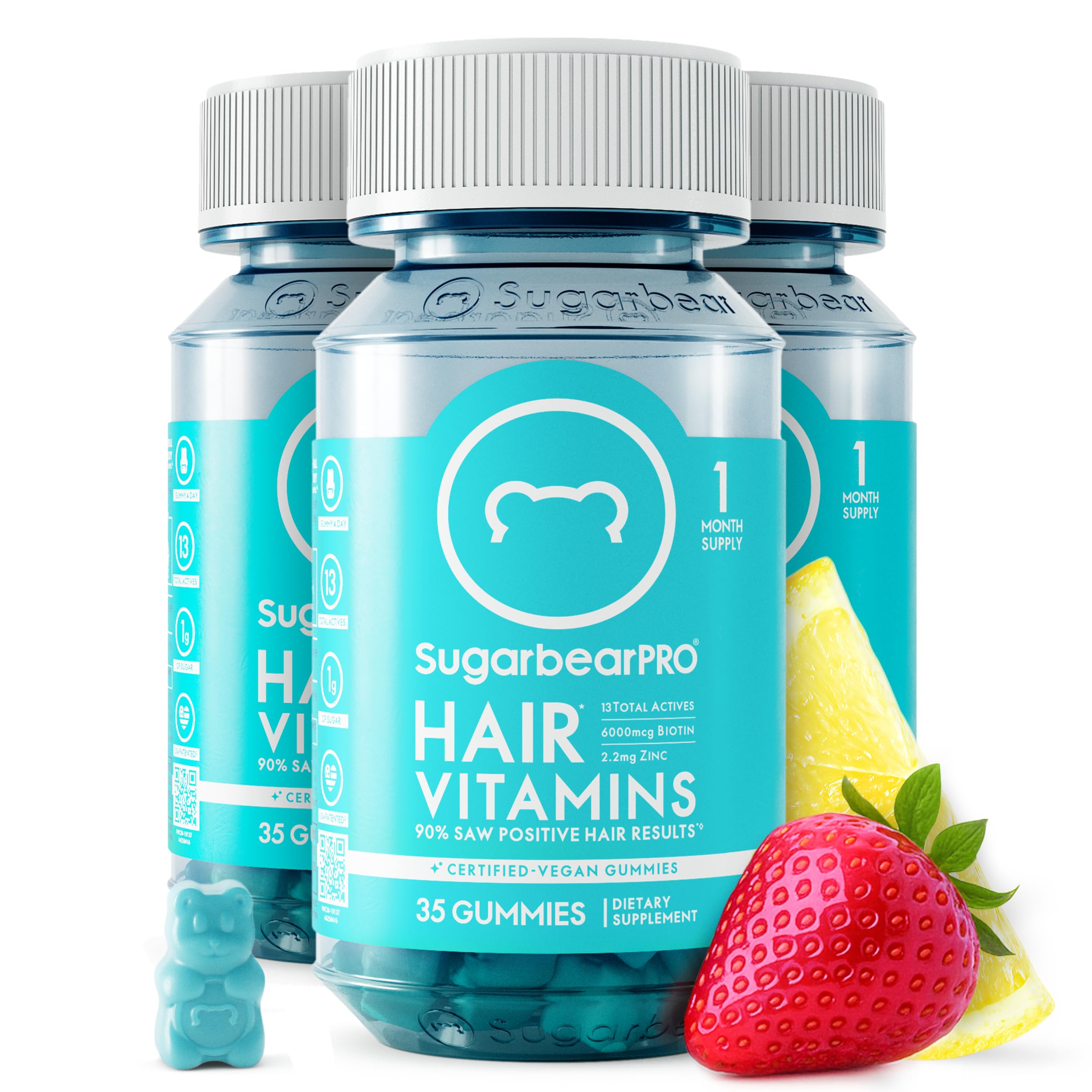 SugarBearPro bottle front shows vegan, easy-to-take hair vitamins for daily support.