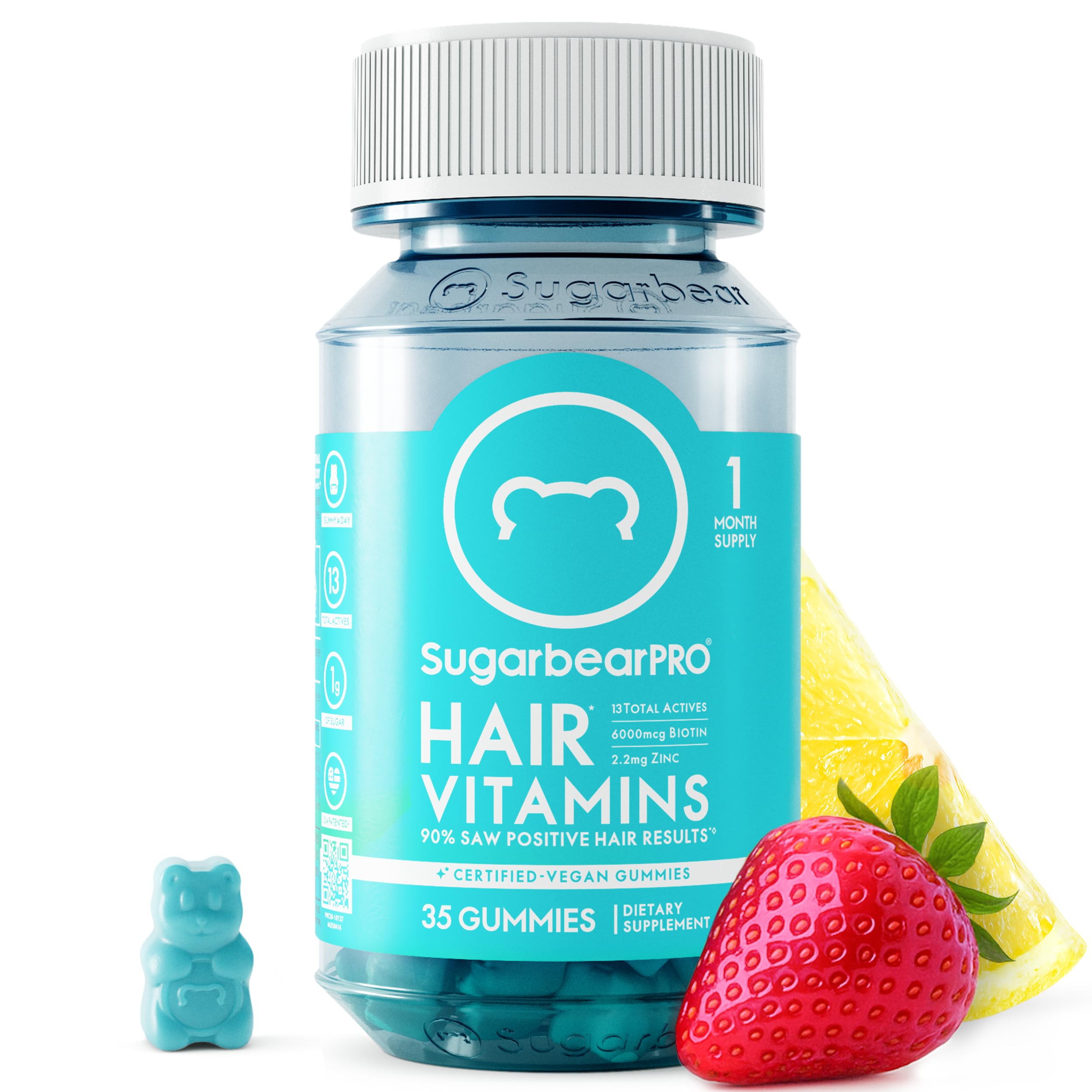 SugarBearPro bottle with gummies showing vegan, low-sugar formula for hair health support