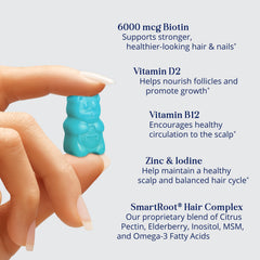SugarBearHair gummy bottle label lists vegan formula and key nutrients.