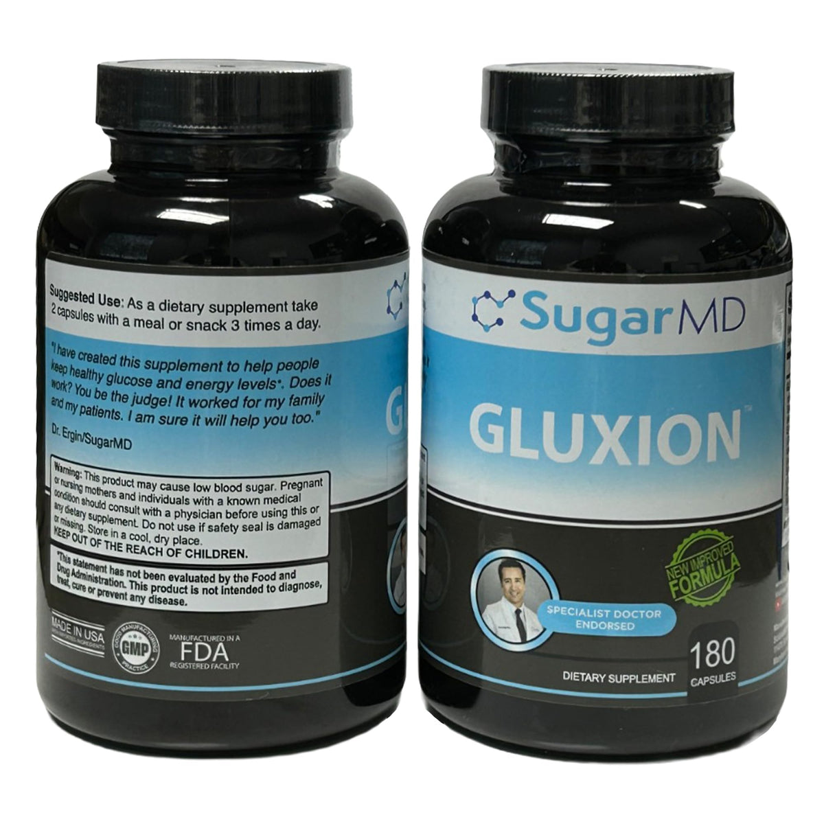 SugarMD GLUXION bottle front view showing 180 vegan capsules for daily metabolic support.