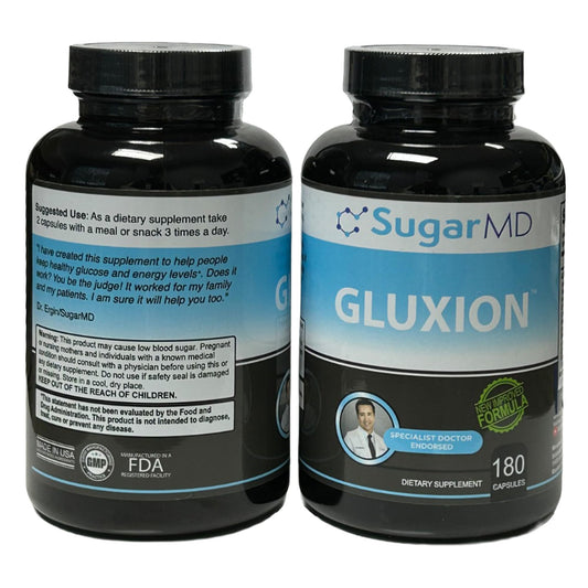 SugarMD GLUXION bottle front view showing 180 vegan capsules for daily metabolic support.