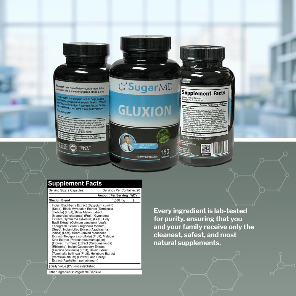 SugarMD GLUXION ingredients herbs natural blend visible in herbal imagery.