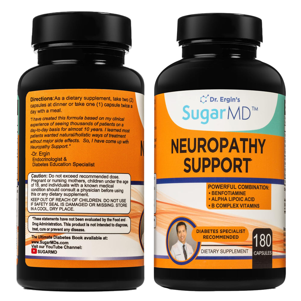 SugarMD Neuropathy supplement bottle front supports daily nerve care.