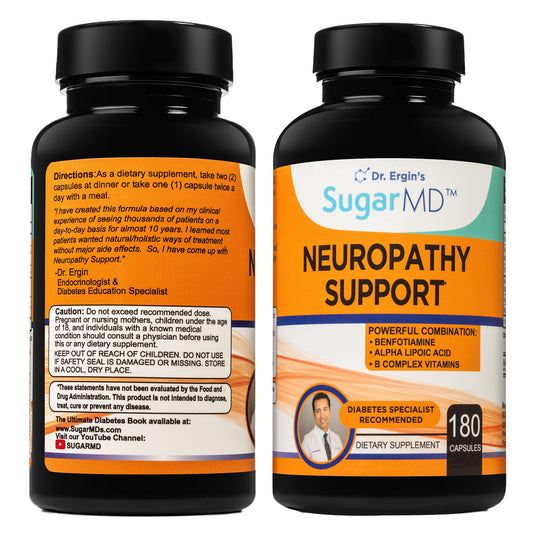 SugarMD Neuropathy supplement bottle front supports daily nerve care.