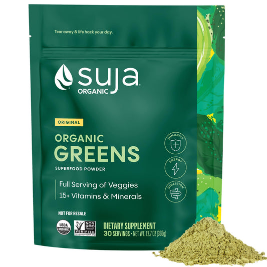 Suja Organic Greens Powder bag front, highlighting organic greens for daily nutrition and energy.