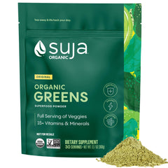 Suja Organic Greens Powder bag front, highlighting organic greens for daily nutrition and energy.