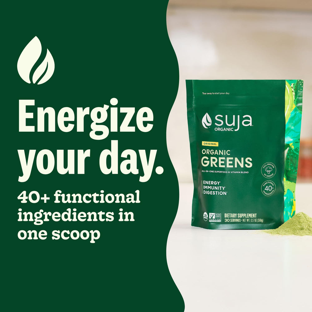 Suja Organic Greens Powder bottle dispensing, convenient daily supplement for digestion and immune support.