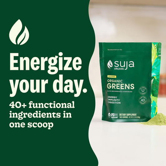 Suja Organic Greens Powder bottle dispensing, convenient daily supplement for digestion and immune support.
