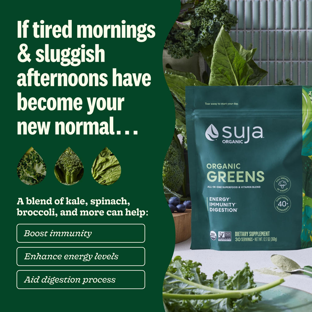 Suja Organic Greens Powder glass with smoothie, vibrant greens blended for refreshing daily nutrition.