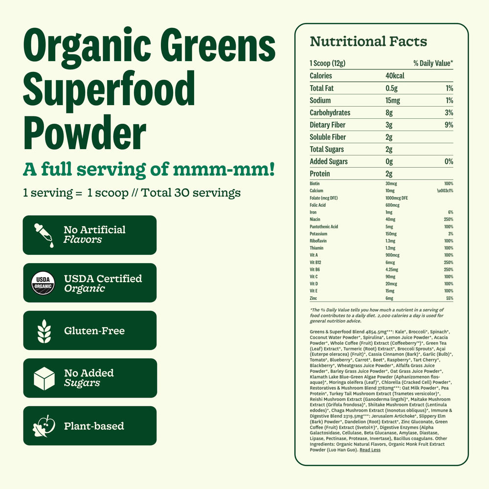 Suja Organic Greens Powder ingredients close-up, kale and spirulina shown for a nutrient-rich blend.