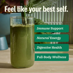 Suja Organic Greens Powder scoop measuring one serving for quick nutrient boost.
