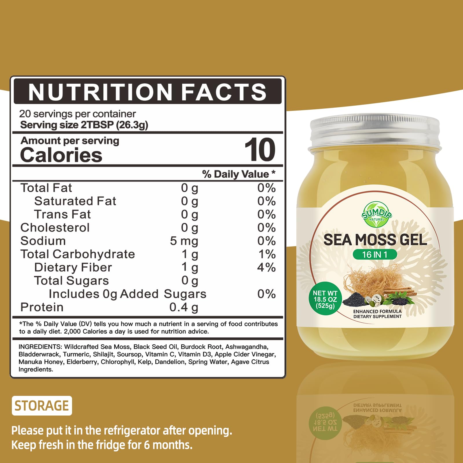 SumDIP Sea Moss Gel label close-up highlights wildcrafted Irish seaweed and key ingredients.