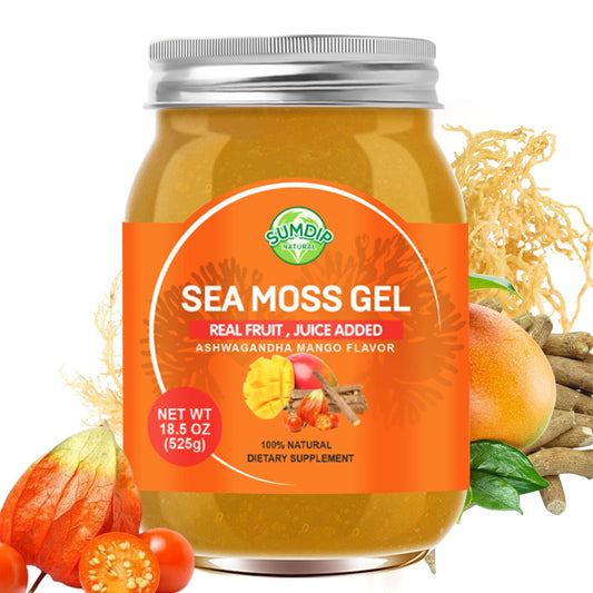 SumDIP Sea Moss Gel mango bottle with ashwagandha, flavor and potential immune support.