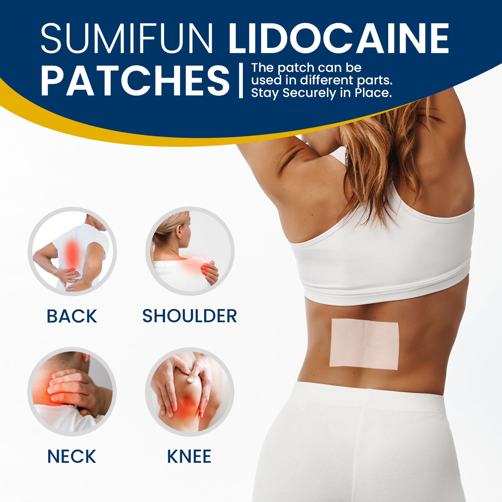 Sumifun patch on the shoulder for quick, portable comfort during daily activities.