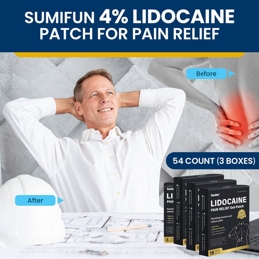 Sumifun lidocaine patch pack back view, compact packaging for travel.