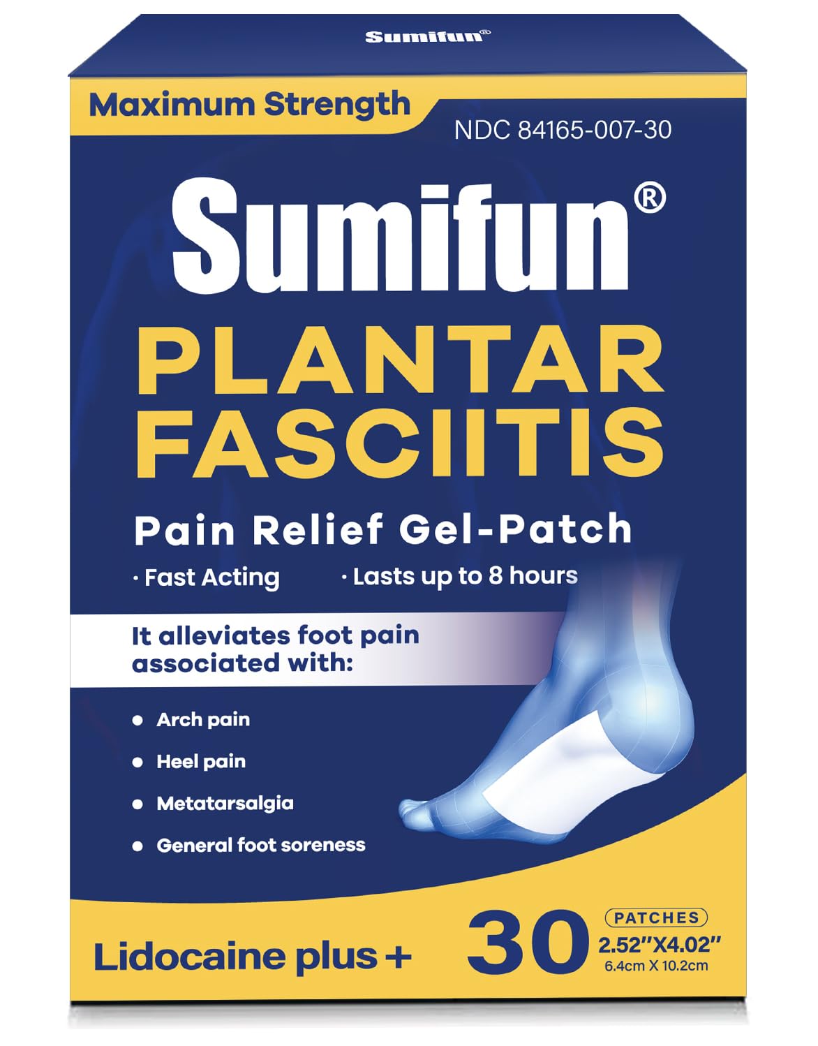 Sumifun lidocaine patch packaging front for plantar fascia relief.