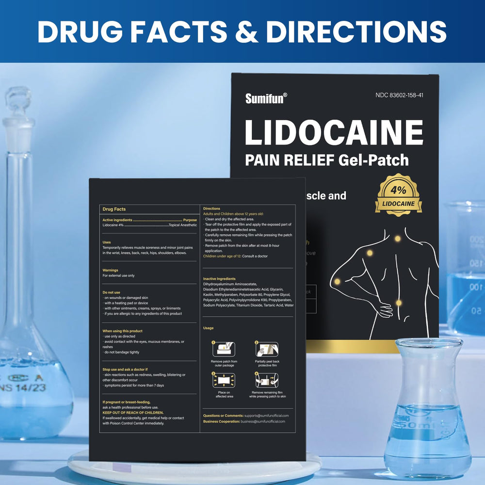 Sumifun Lidocaine Patch packaging shows hygienic individually wrapped patches with usage guidance.