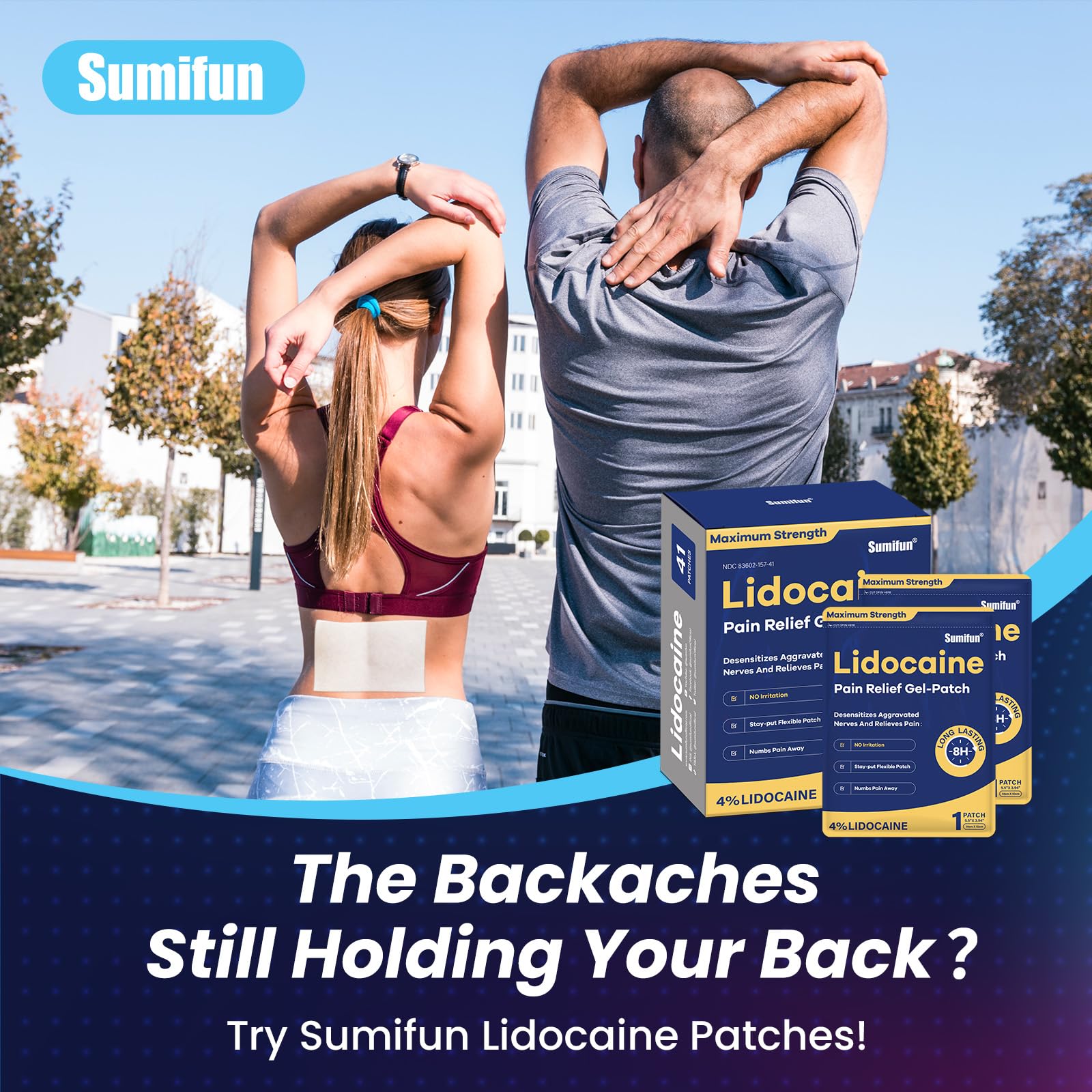 Sumifun patch applied to neck and back for targeted comfort during daily activities.