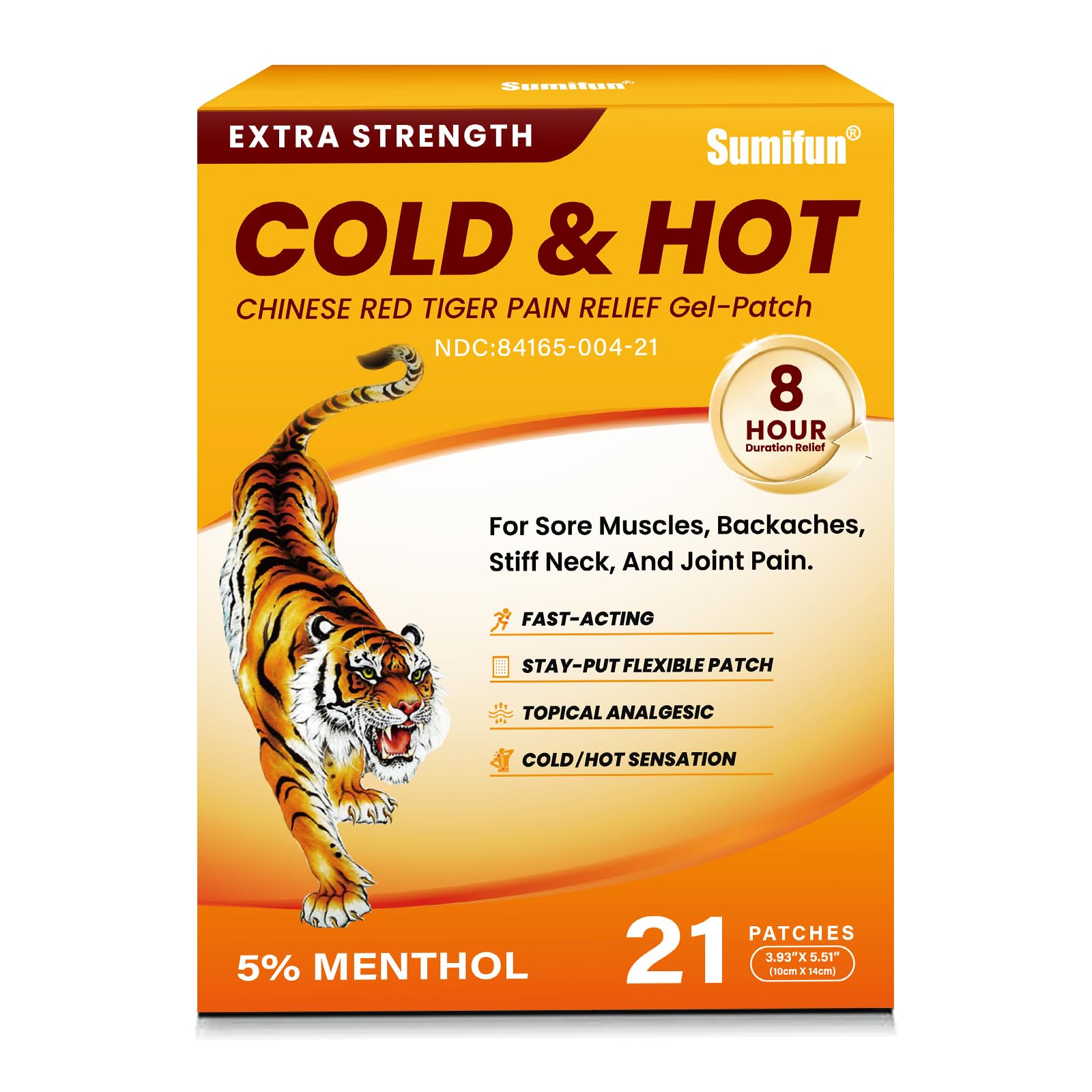 Sumifun Tiger Pain Relief Patch applied to the back for targeted cooling therapy.