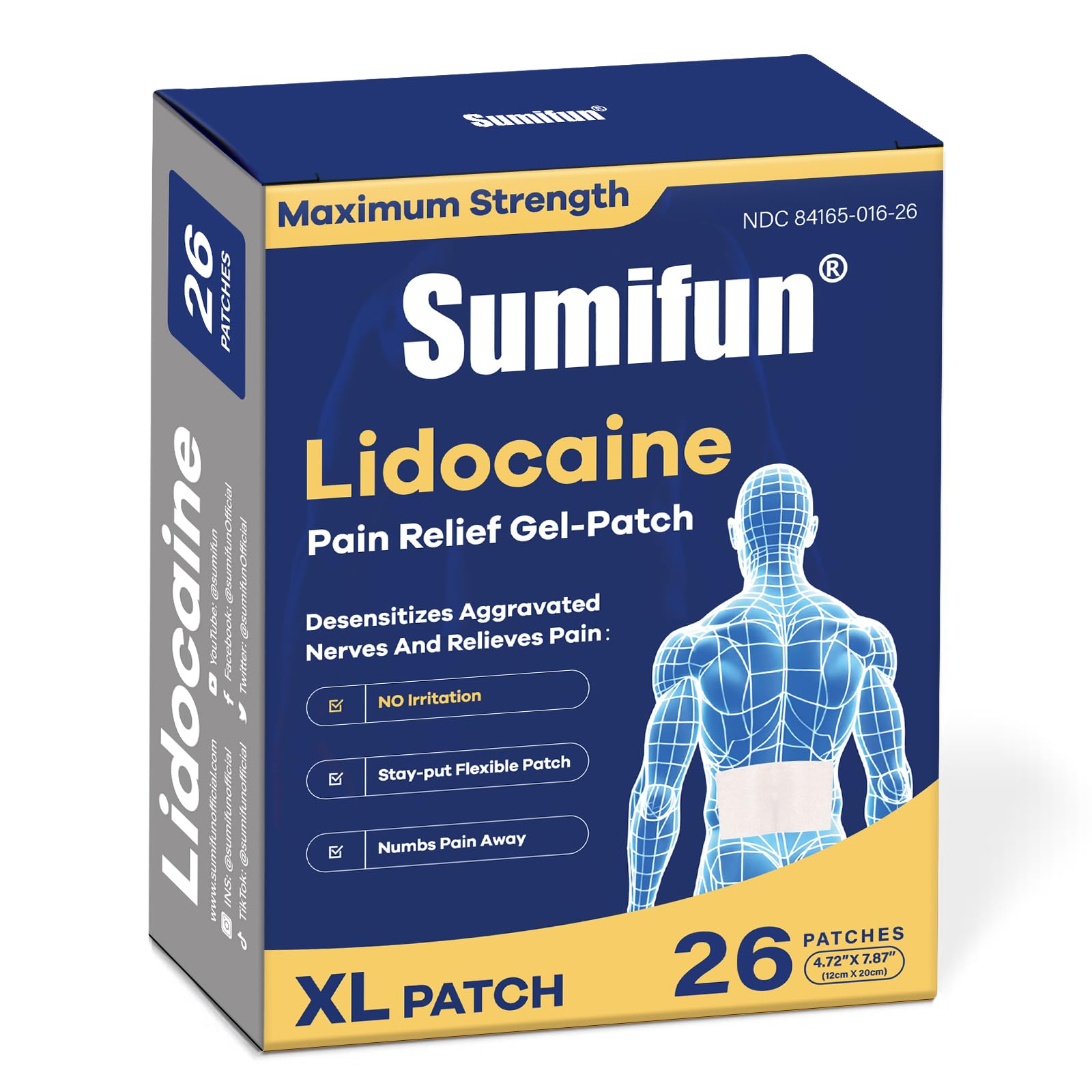 Sumifun XL Lidocaine patch applied to the back for broad-area relief.