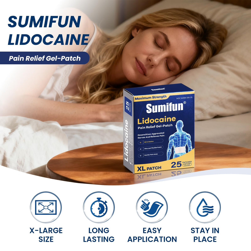 Sumifun XL lidocaine patch close-up showing odorless, breathable hydrogel layer.