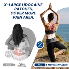 Sumifun XL Lidocaine patch on thigh for broad-area relief.