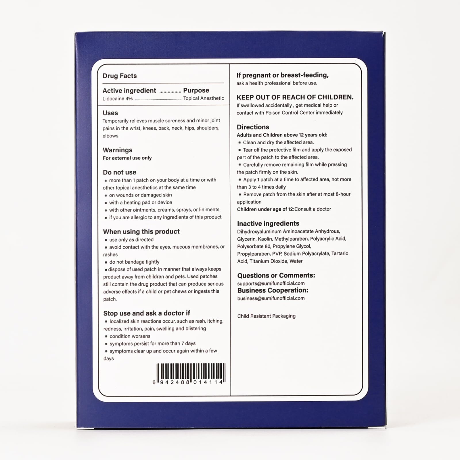 Sumifun XL patch uses hypoallergenic hydrogel safe for sensitive skin.