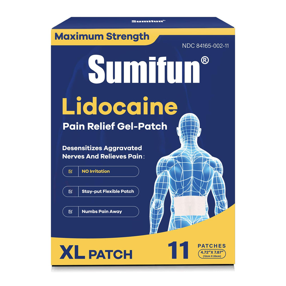 Sumifun XL patch covering the lumbar region for broad back relief.