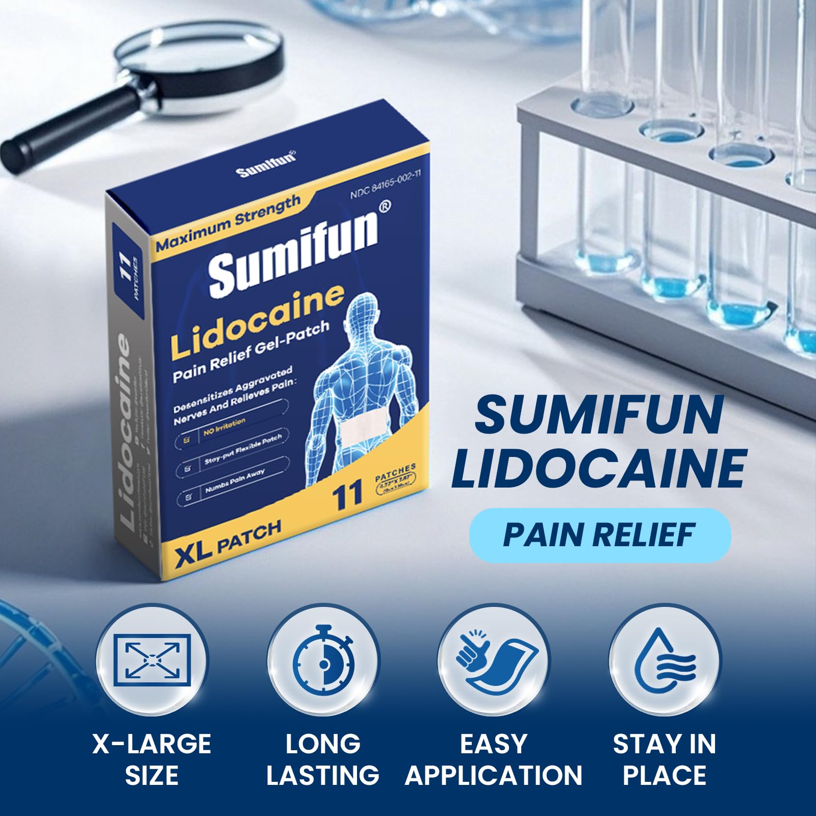 Sumifun XL patch placed on shoulder blades for wide-area comfort.
