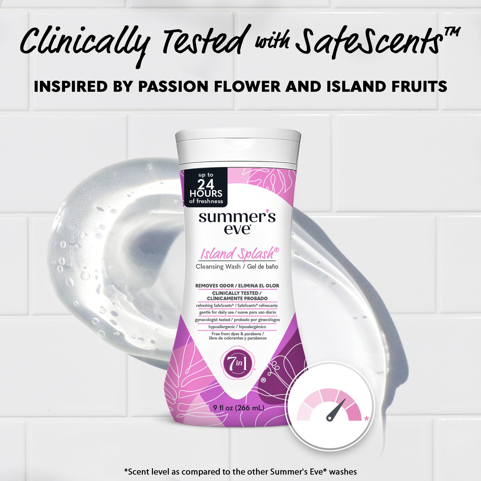 Summer's Eve Island Splash dye-free label signals gentle skin care.