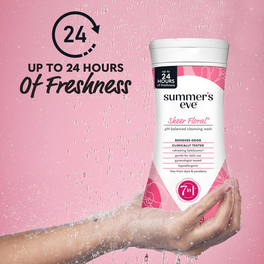 Close-up of Summer’s Eve Sheer Floral bottle with gentle lather.