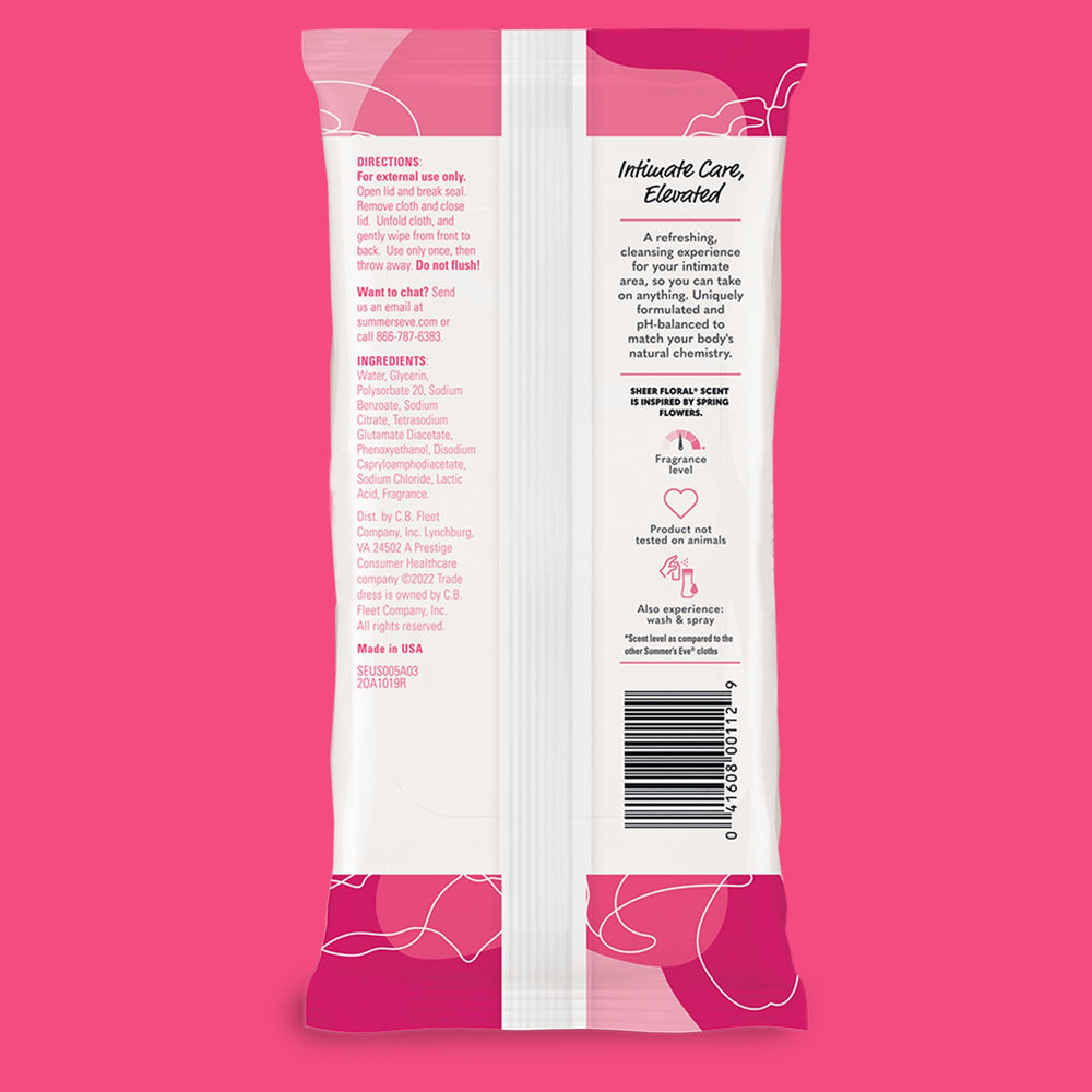 Summer's Eve Sheer Floral wipes product label highlighting 32 wipes per pack