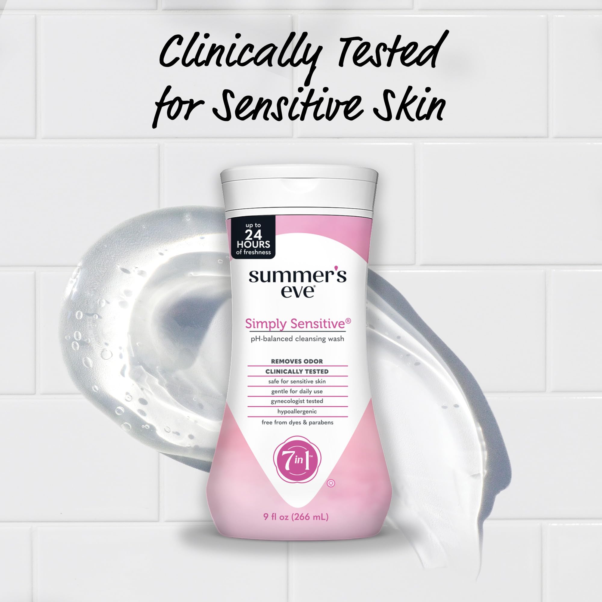 Summer's Eve Simply Sensitive daily use imagery emphasizes hypoallergenic, dye-free formula