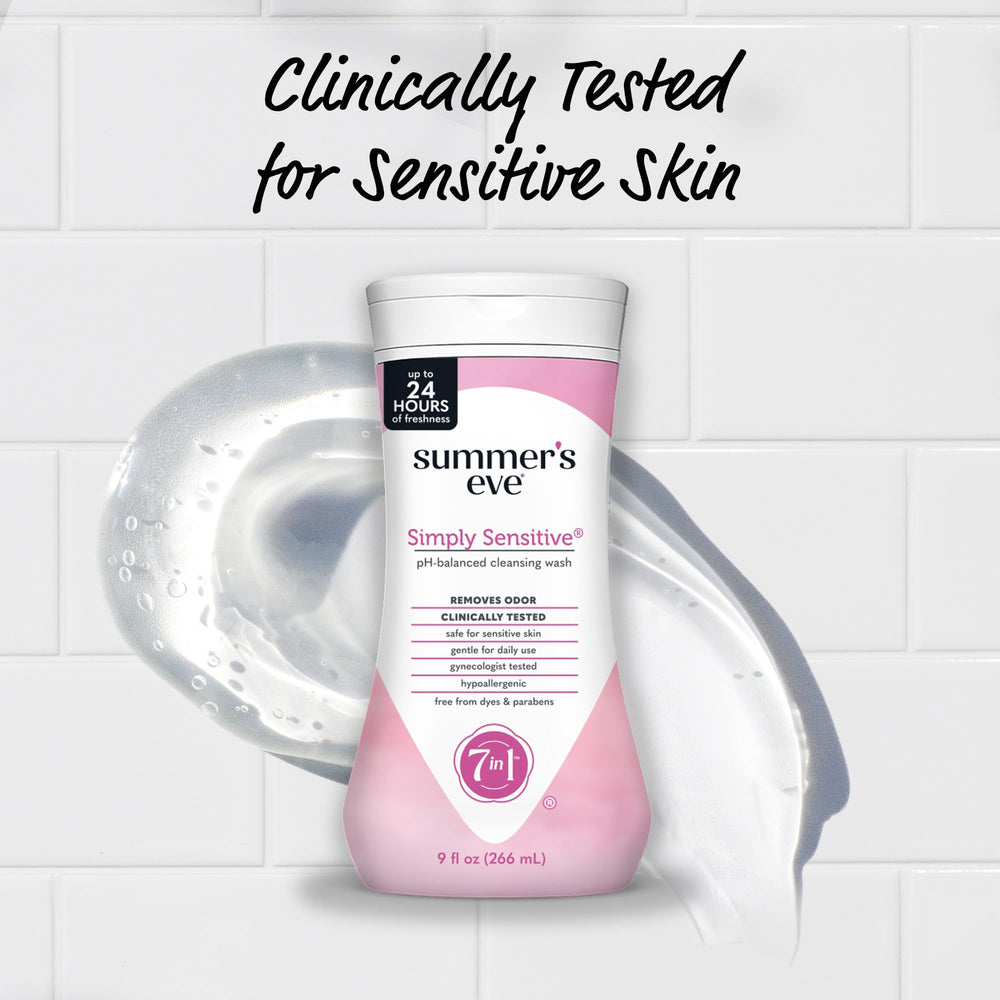 Summer's Eve Simply Sensitive daily use imagery emphasizes hypoallergenic, dye-free formula