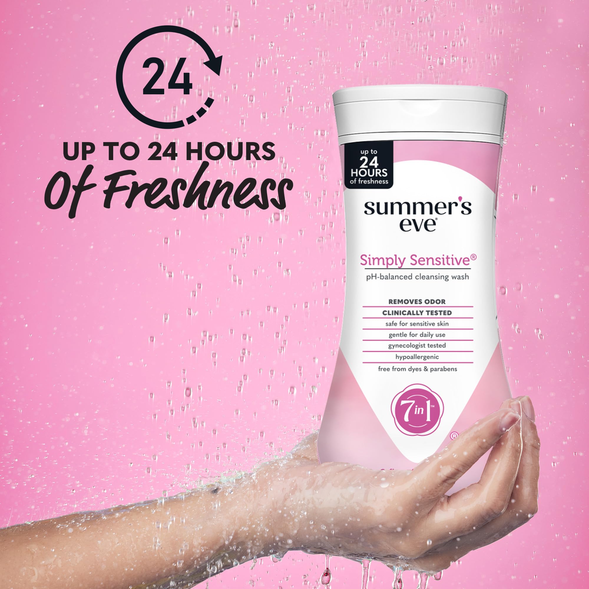 Summer's Eve Simply Sensitive label closeup highlights pH-balanced, comfortable daily cleanse