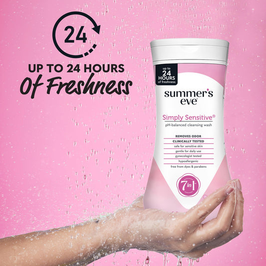 Summer's Eve Simply Sensitive label closeup highlights pH-balanced, comfortable daily cleanse