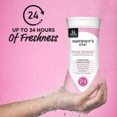Summer's Eve Simply Sensitive label closeup highlights pH-balanced, comfortable daily cleanse