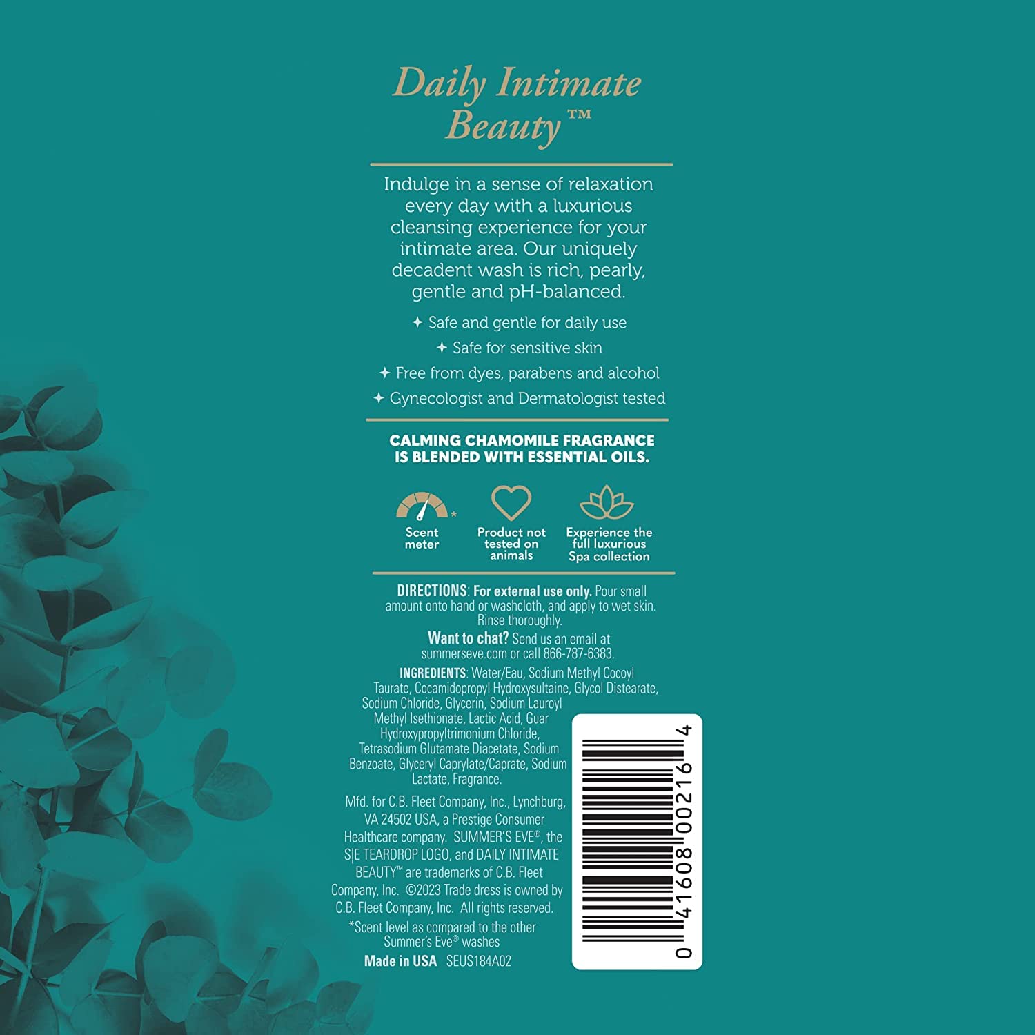 Summer's Eve Spa Daily Intimate Wash ingredients featuring chamomile