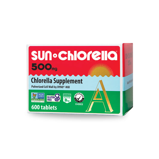 Sun Chlorella 500mg tablet on table supports daily wellness with chlorophyll-rich nutrition