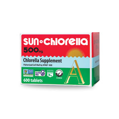 Sun Chlorella 500mg tablet on table supports daily wellness with chlorophyll-rich nutrition