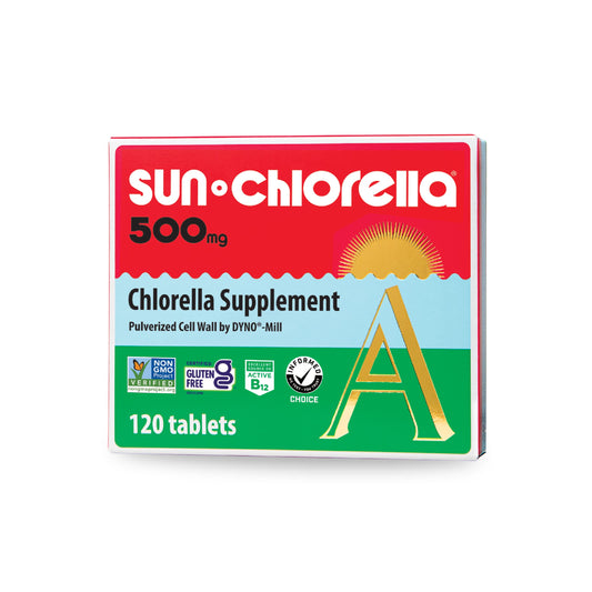 Sun Chlorella bottle-front image highlighting a convenient daily greens tablet for energy and wellbeing