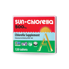 Sun Chlorella bottle-front image highlighting a convenient daily greens tablet for energy and wellbeing