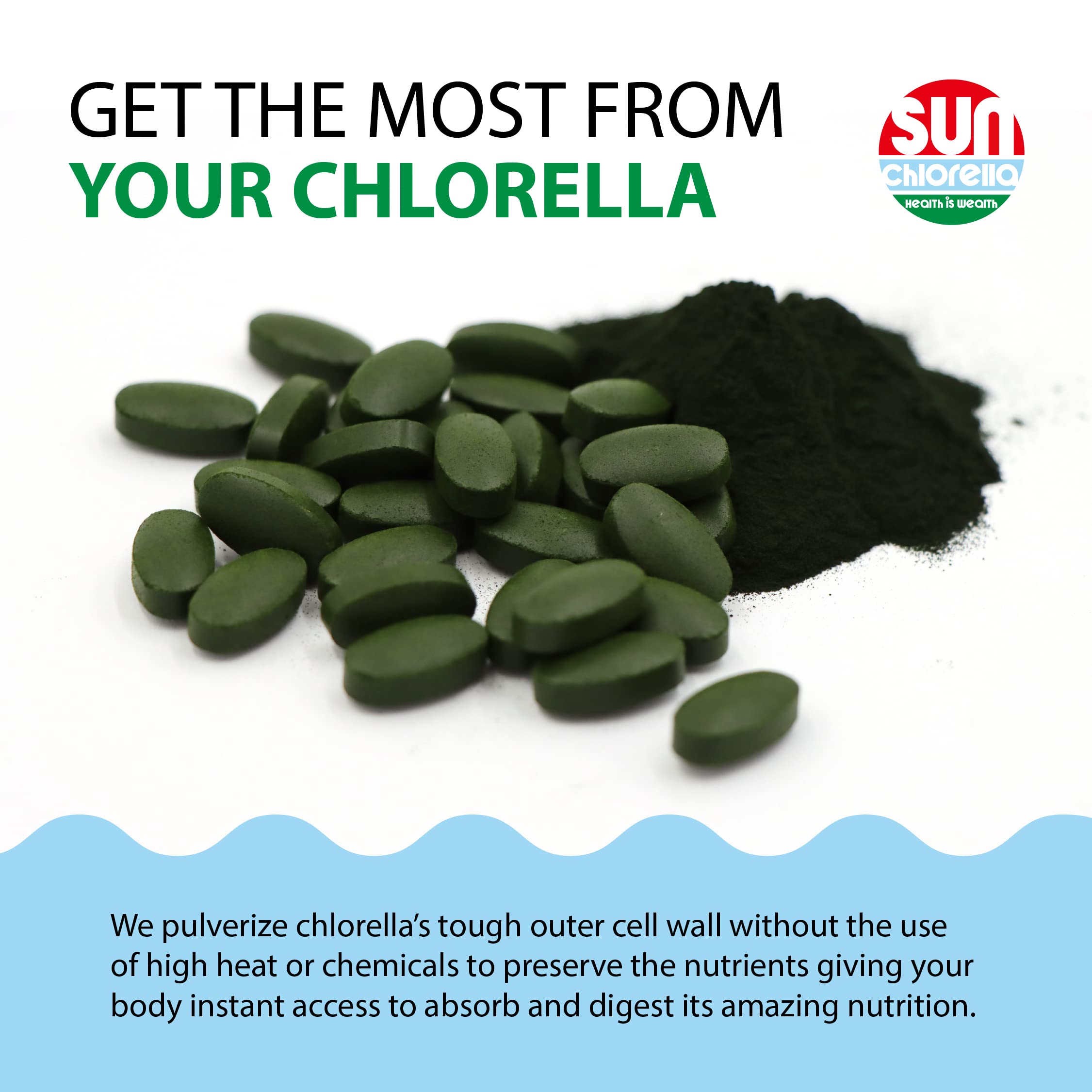 Sun Chlorella packaging-on-shelf featuring non-GMO and gluten-free labeling