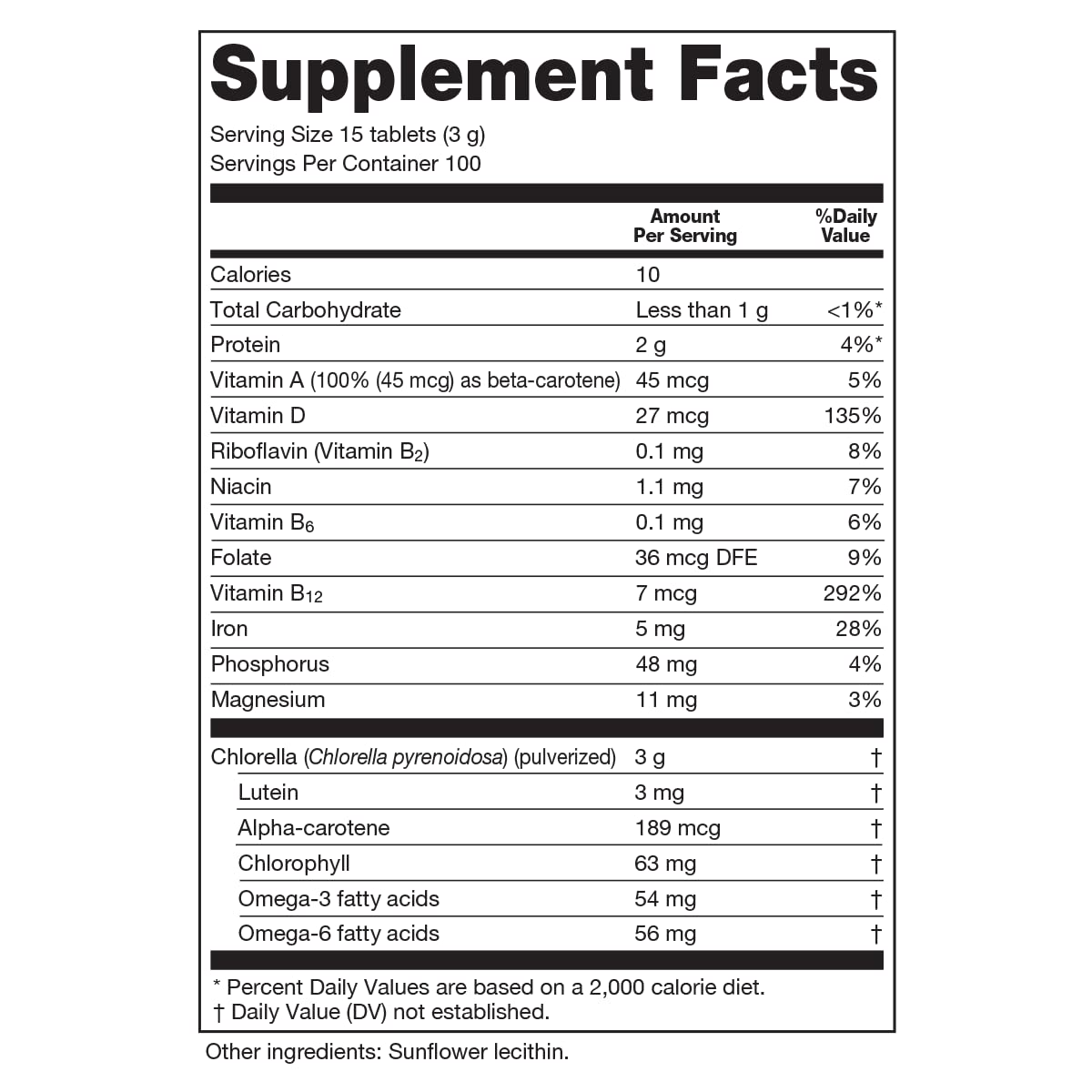Sun Chlorella plant-based B12 label highlights energy-friendly daily nutrition.