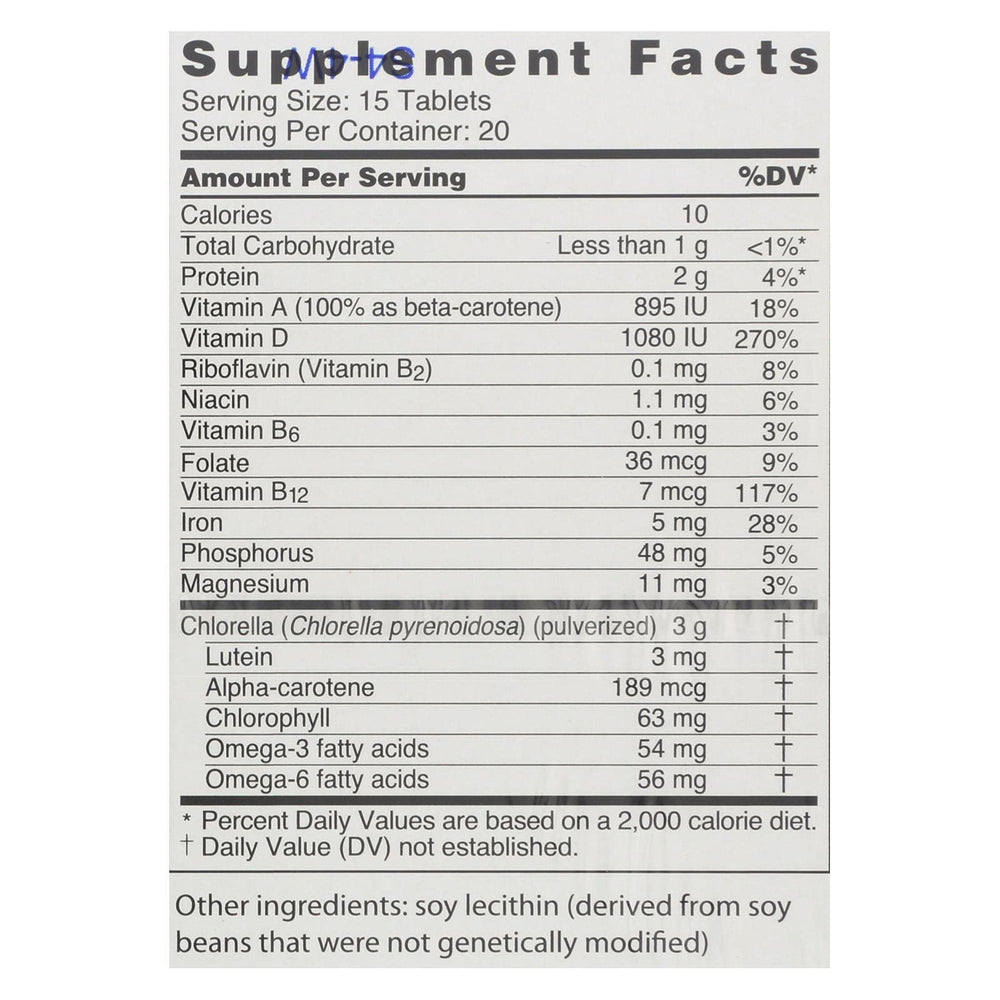 Sun Chlorella bottle close-up, non-GMO chlorella with active B12 support.
