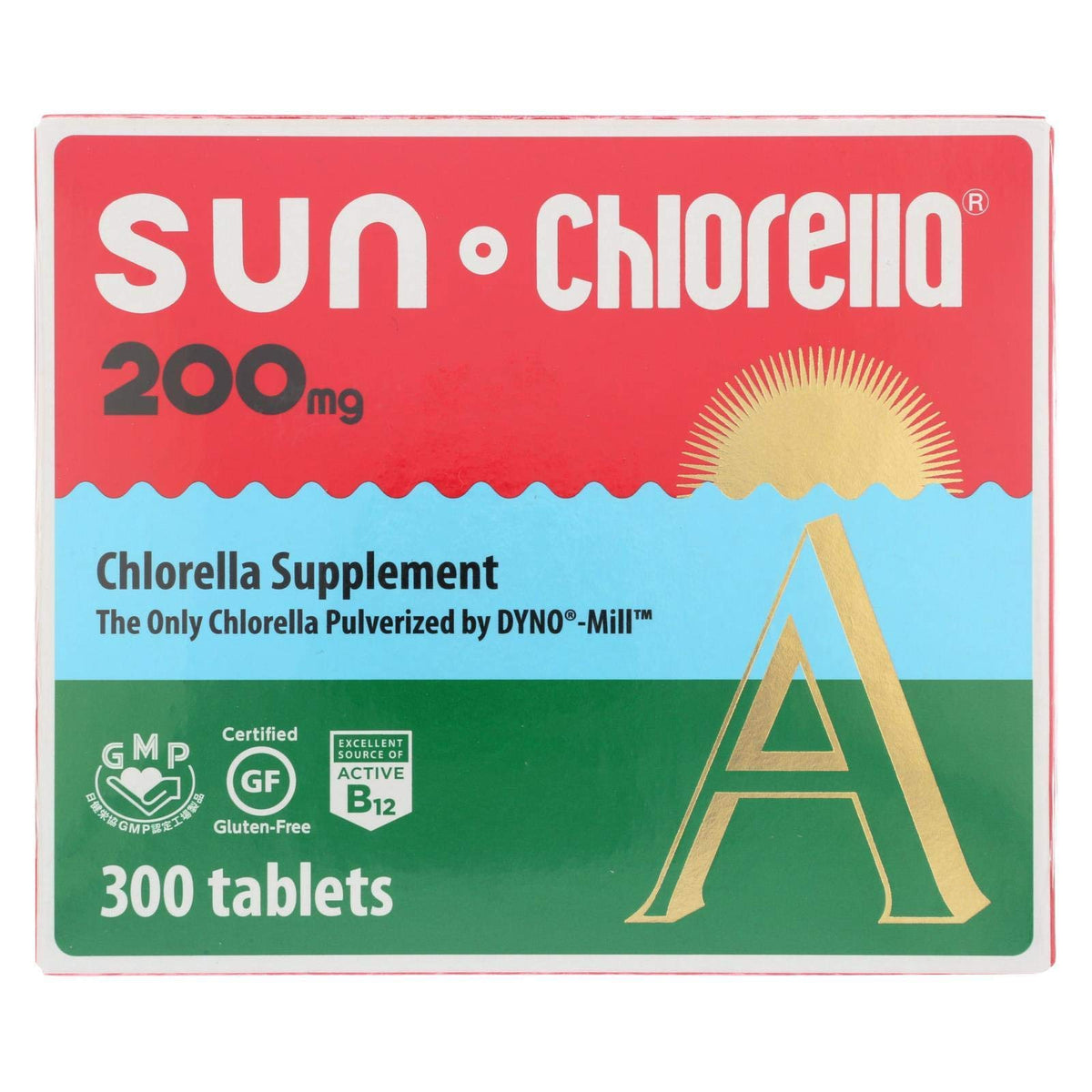 Sun Chlorella 200 mg tablets, front view, convenient vegan daily nutrition.