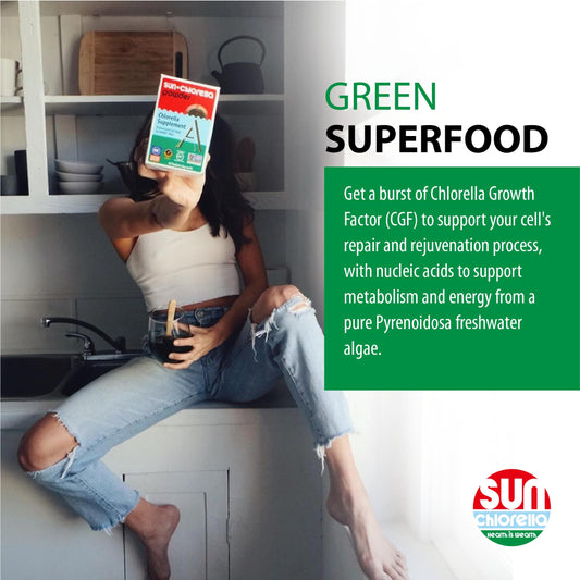 Close-up of Sun Chlorella tablets highlights pulverized cell wall for faster nutrient access.