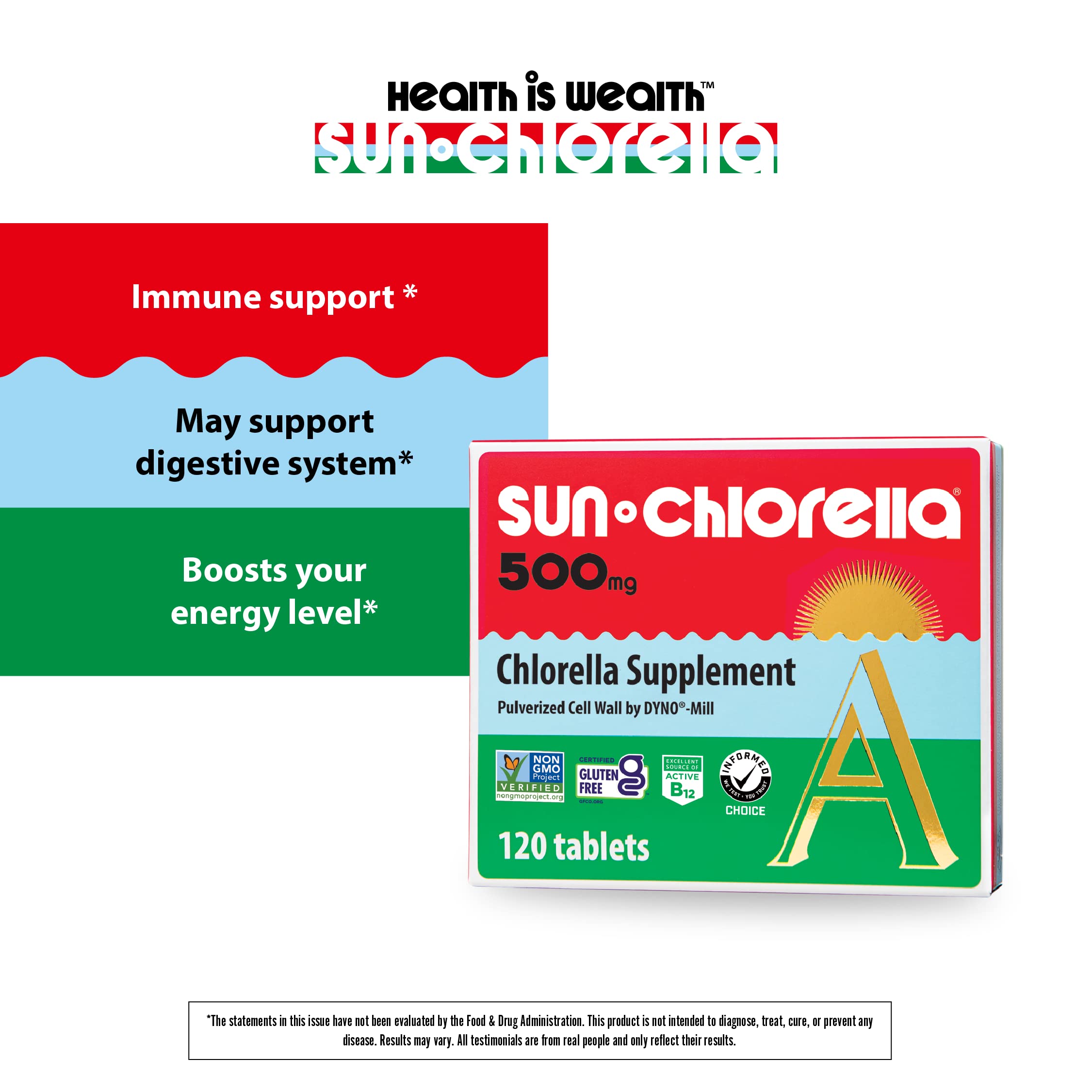 Sun Chlorella tablets close-up emphasizing compact greens tablets with CGF and B12